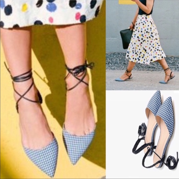 J crew gingham slingback braided tie flats blue white pointed toe size 9 lace up